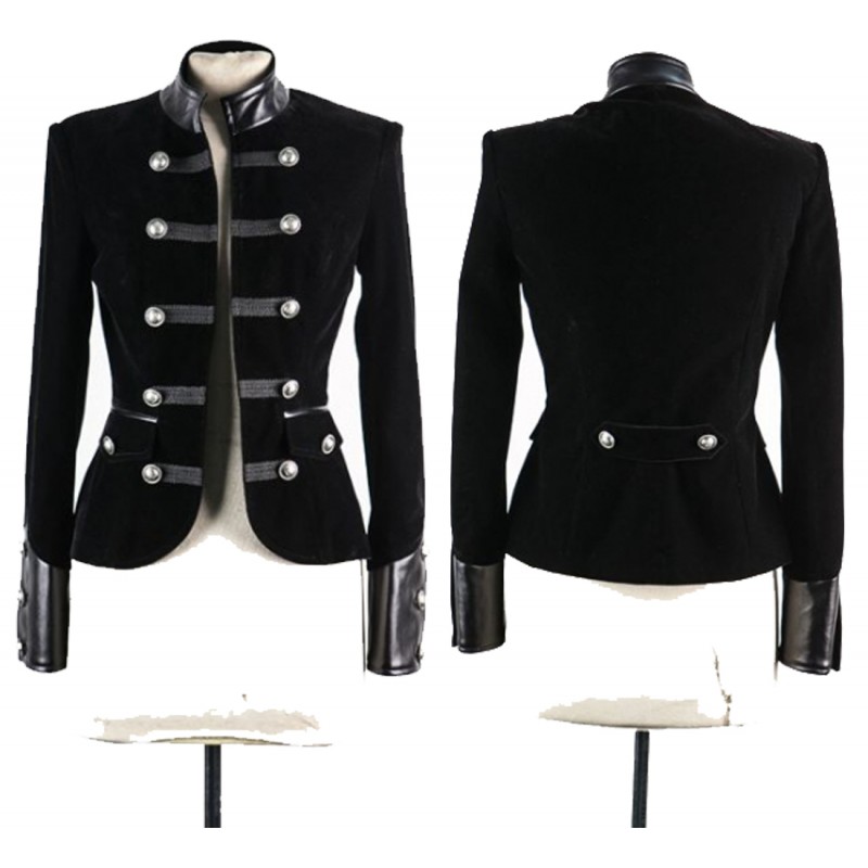 Women Gothic Black Velvet Coat Accents Double-Breasted Women Military Velvet Jacket Coat 